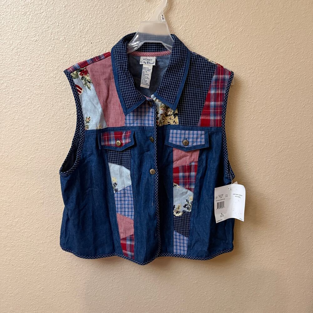 VTG Koret City Blues Denim Vest NWT 90s Y2K Patriotic Americana Patchwork XL